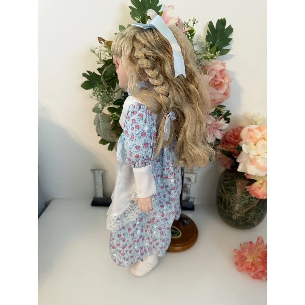 Porcelain Doll Blond Braids Hair Floral Print & White Lace Dress 16
